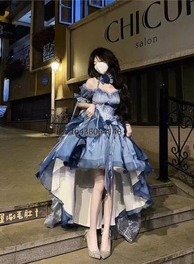 蓝色花嫁礼服lolita连衣裙洋装重工拖尾蓬蓬公主裙