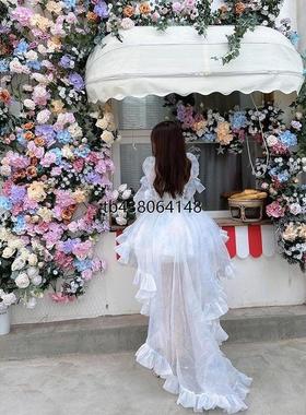 法式花嫁礼服蓝色lolita抹胸拖尾连衣裙洋装洛丽塔公主蓬蓬显瘦