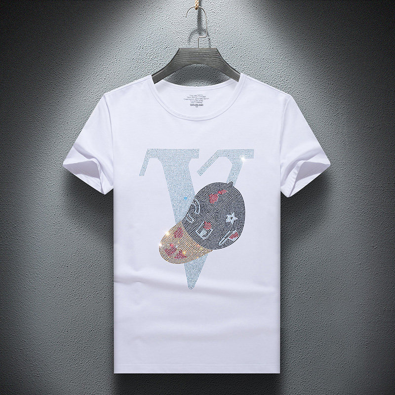 2025夏烫钻T恤镭射男士大码胖打底衫亮片潮短袖QT4066-1-A995-P50，男装T恤，电商A227B（原钱塘4066-1）