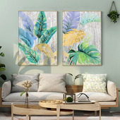 手绘油画现代简约客厅绿植双联装 饰画餐厅玄关走廊背景墙热带雨林