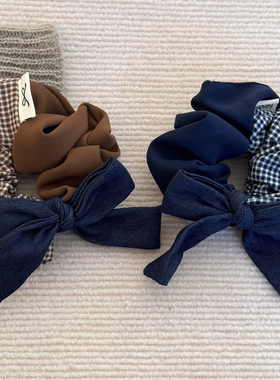 韩系百搭马尾头绳灰色格纹拼接填充蝴蝶结大肠圈高弹力丸子头发圈