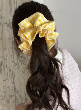 韩系双层黄色格子大肠发圈女高级感超大丸子头扎头发头绳绝美发饰