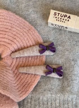 韩国新款毛呢紫色蝴蝶结发夹三角BB夹掰掰夹刘海夹发饰碎发夹边夹