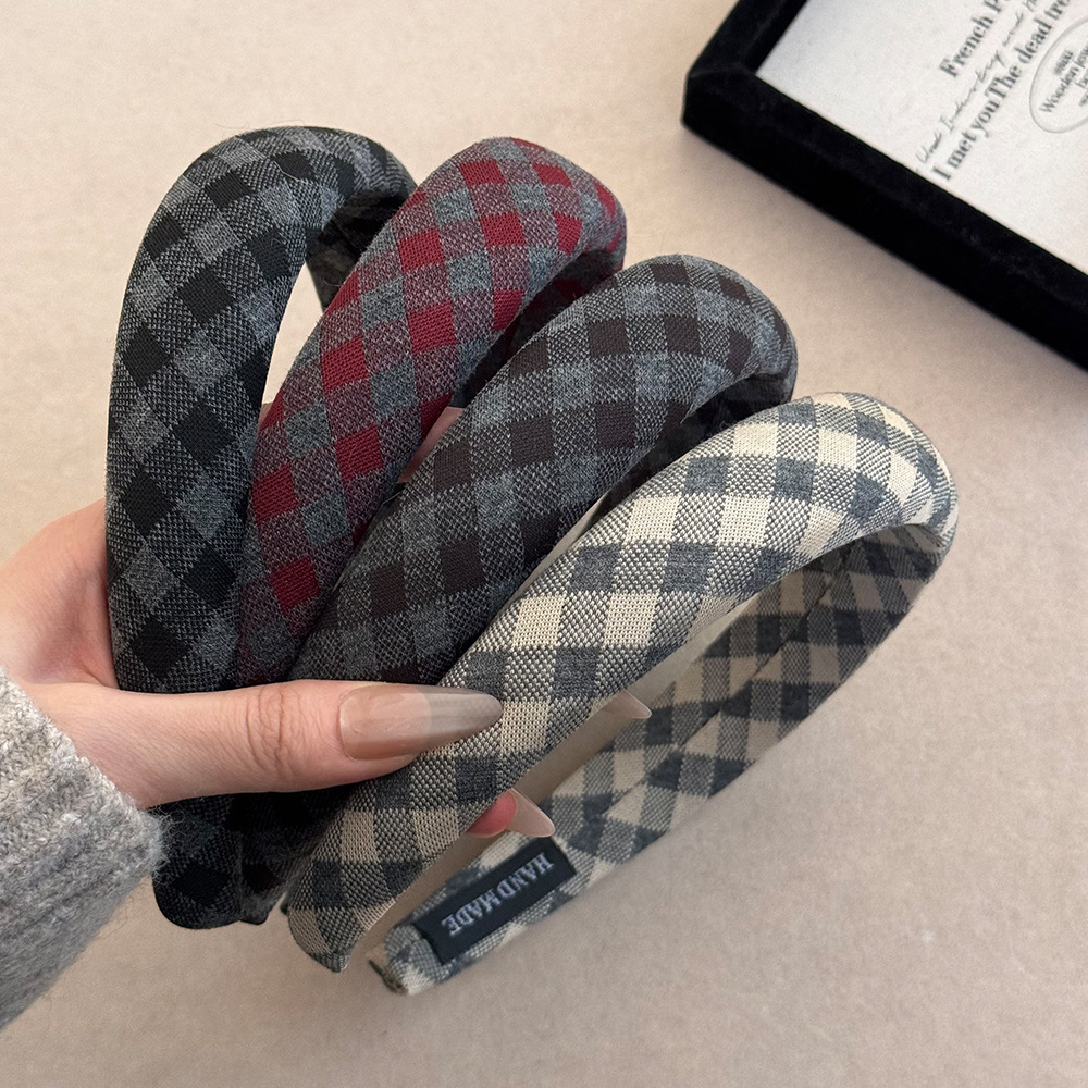 韩版灰底格纹发箍复古秋冬