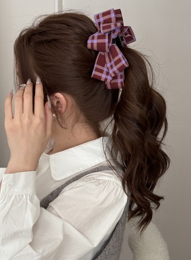 紫色可露丽格纹蝴蝶结香蕉夹高级感马尾夹竖夹后脑勺抓夹头饰发饰