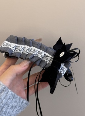 法式格蕾系灰色丝绒蝴蝶结蕾丝香蕉夹后脑勺盘发抓夹发饰温柔竖夹