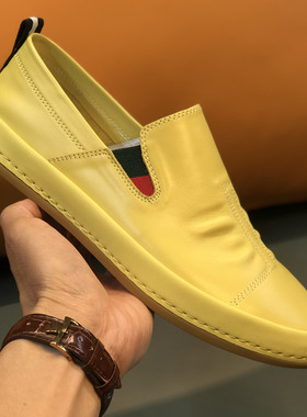 欧洲站男鞋黄色透气真皮乐福鞋男一脚蹬懒人鞋套脚板鞋潮牌小白鞋