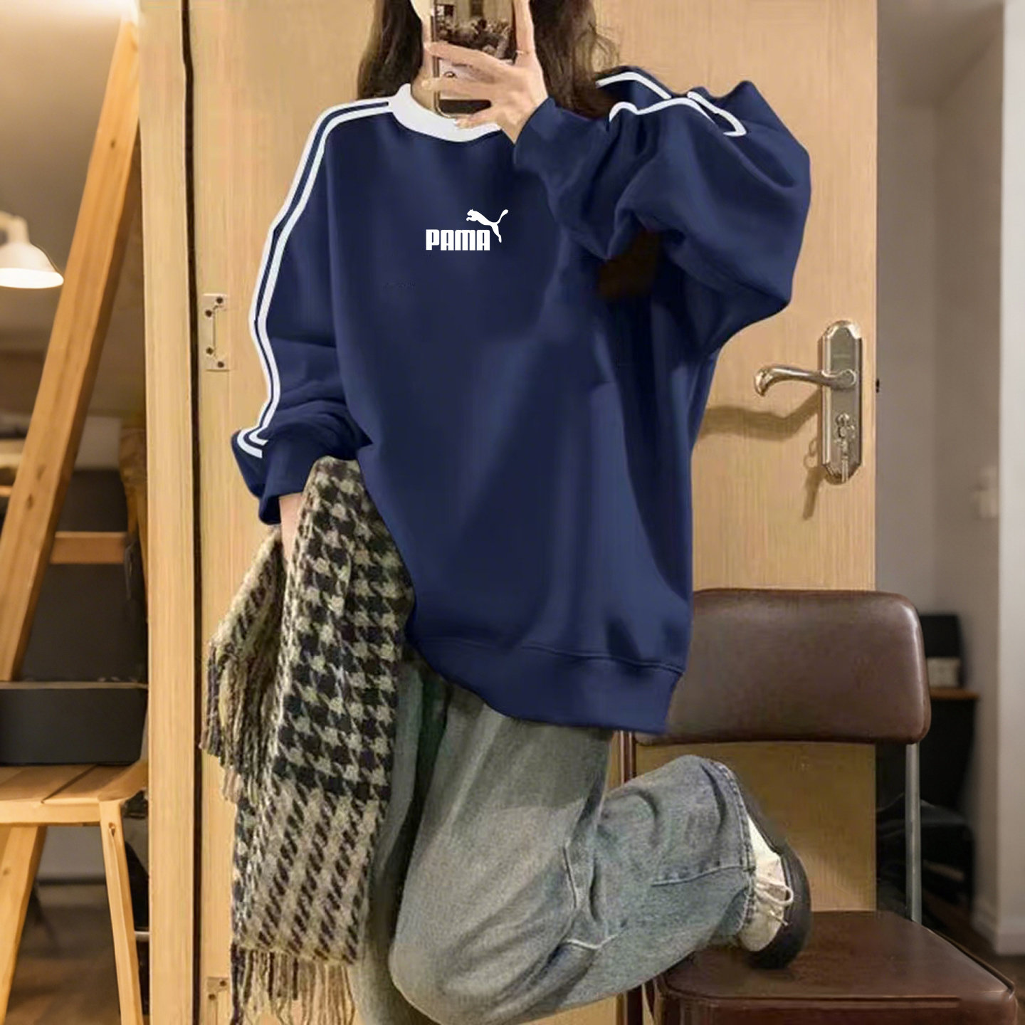 奥特莱斯美式高街复古三条杠圆领卫衣男女秋冬季加绒加厚情侣上衣