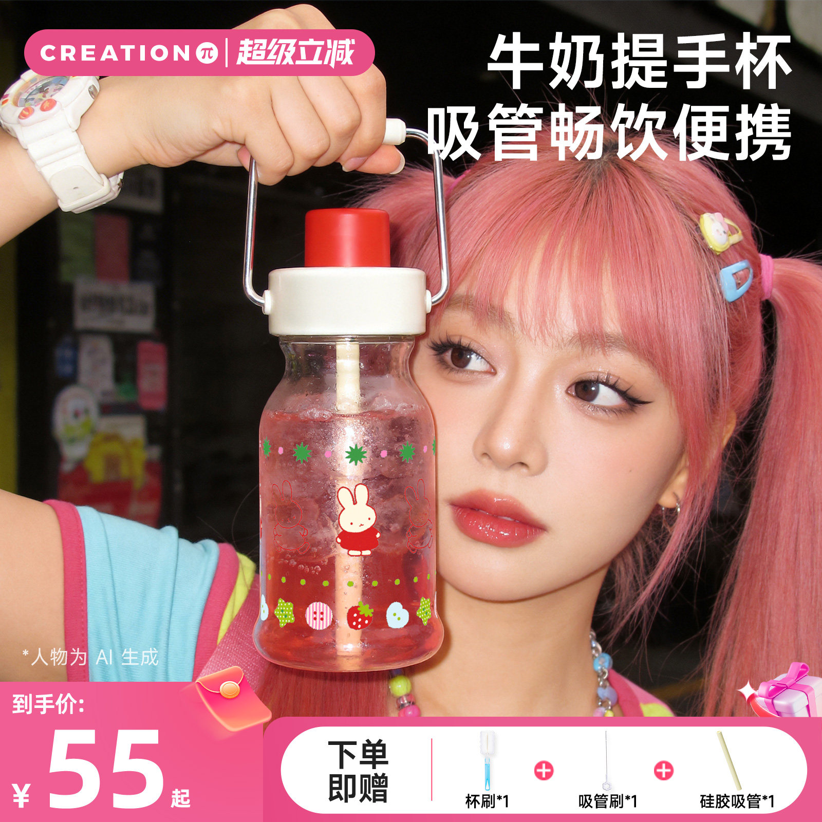 万兀玻璃杯女生高颜值高硼硅耐高温吸管水杯夏日便携咖啡手提杯子