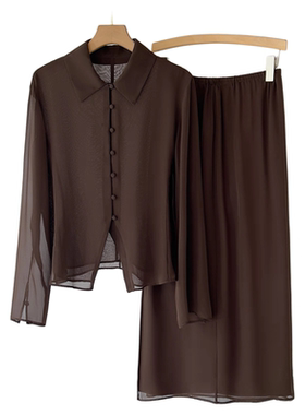 TWOROSES2025新款醋酸双皱衬衫女时尚气质百搭修身显瘦半身裙套装