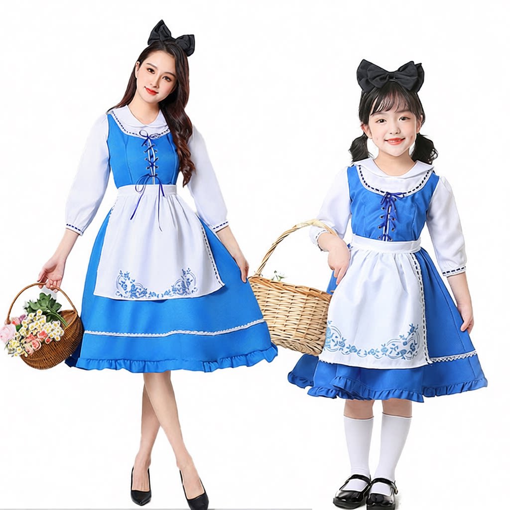 万圣节爱丽丝梦游仙境COS服成人儿童蓝白色裙子女仆田园扮演服