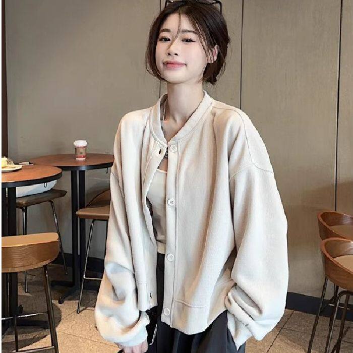 米杏色短款卫衣开衫女春秋新款韩系棒球服外套宽松小个子休闲上衣