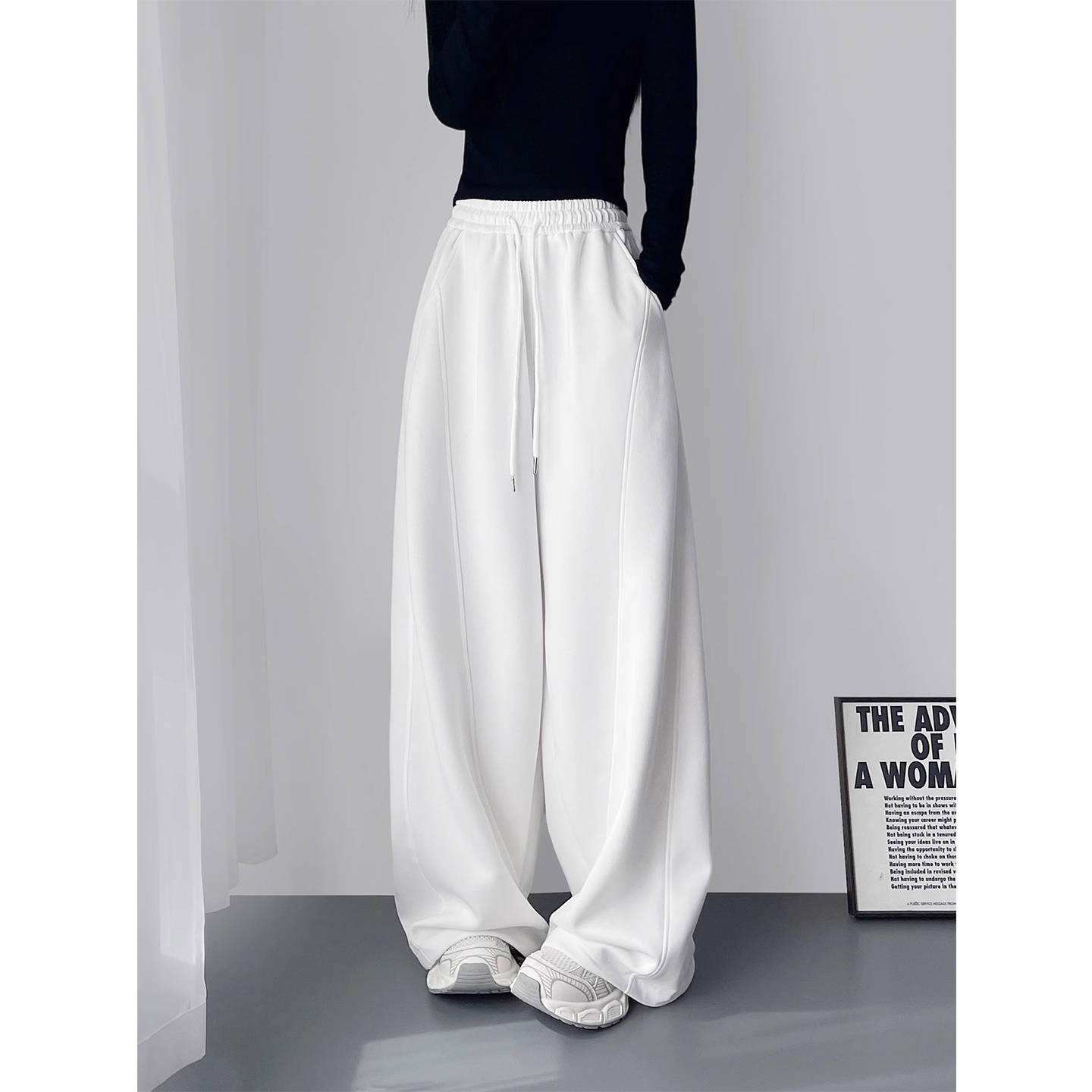 大码白色高腰显瘦垂感阔腿裤女秋季胖mm梨型身材慵懒休闲直筒长裤