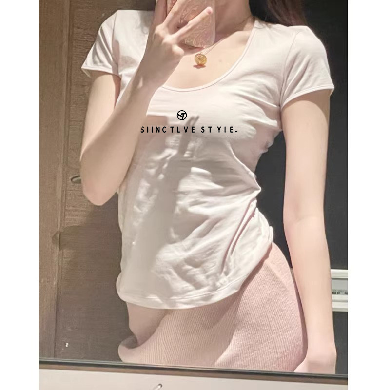 纯棉正肩白色竹节棉U领爆款短袖t恤女夏2026新款爆款减龄半袖上衣