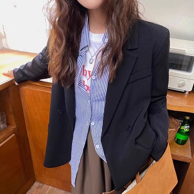 春秋黑色小西装外套女时尚高级开叉宽松潮款气质西服炸街通勤上衣