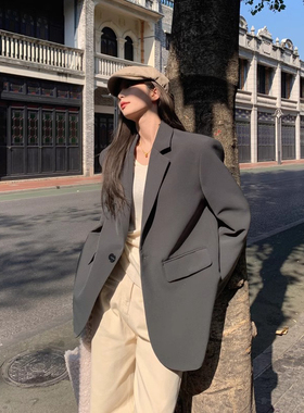 灰色西装外套女小个子2024春秋季新款高级感炸街宽松廓型气质西服