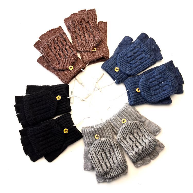 USB发热手套电暖双面加热加厚提花加厚半指翻盖电热手套源头厂