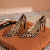 小码 41一43 大码 313233豹纹性感高跟鞋 女细跟百搭夜店绒面浅口单鞋