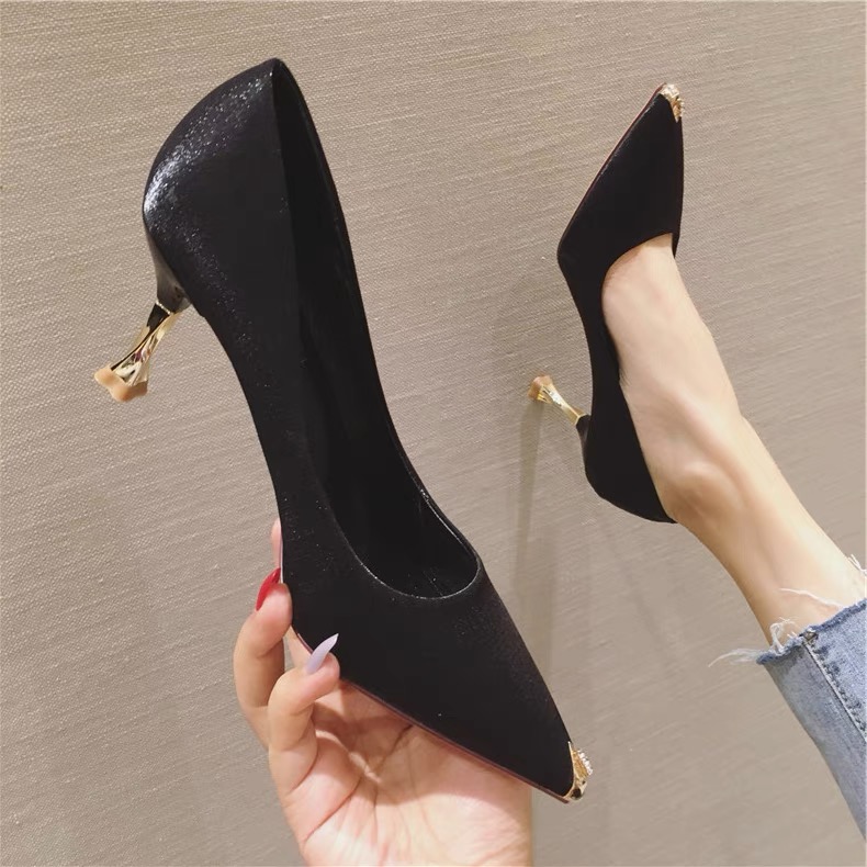 金属小跟单鞋尖头矮跟细跟高跟鞋