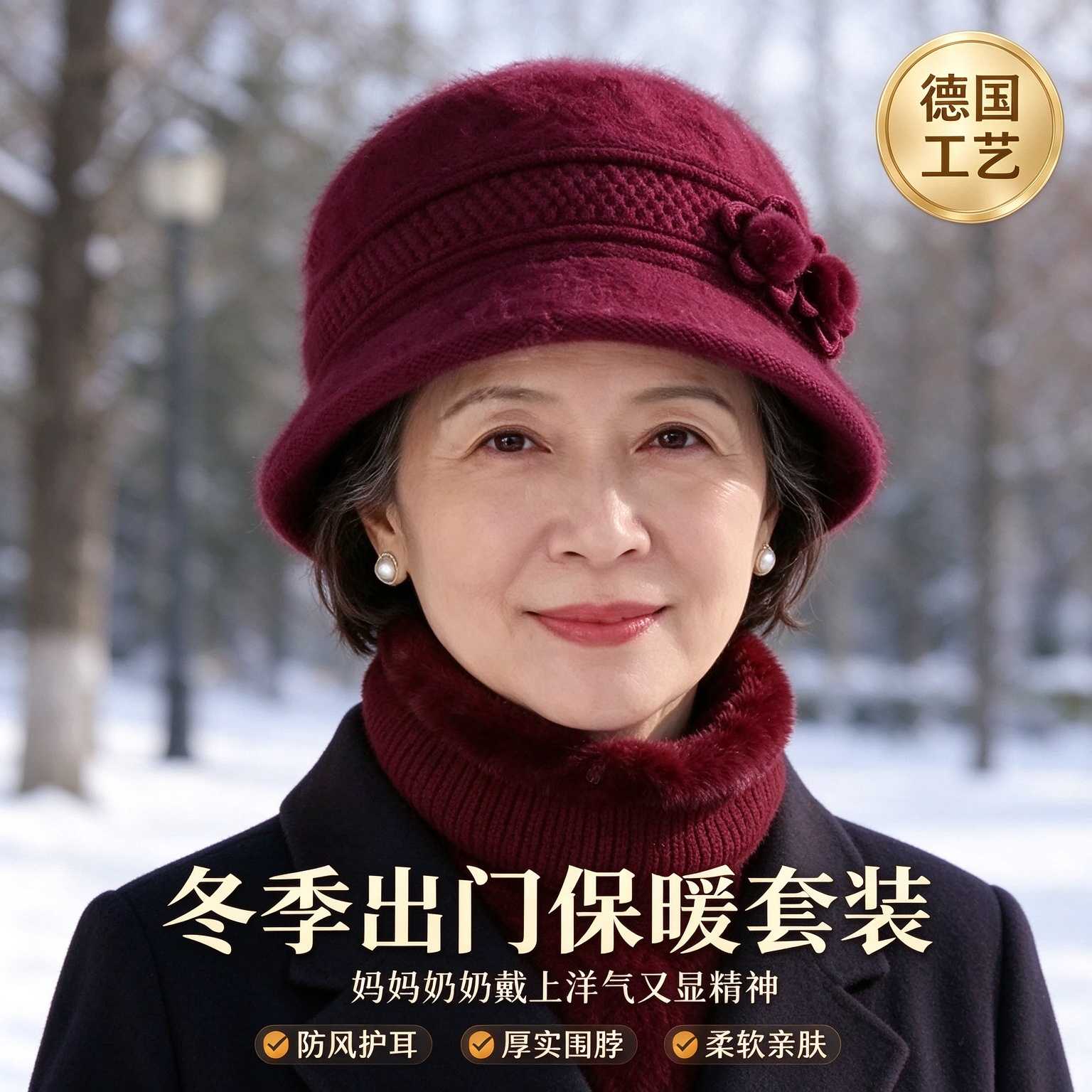 多岁妈妈中老年红色帽子围脖套装冬季洋气兔毛奶奶老太太针织帽