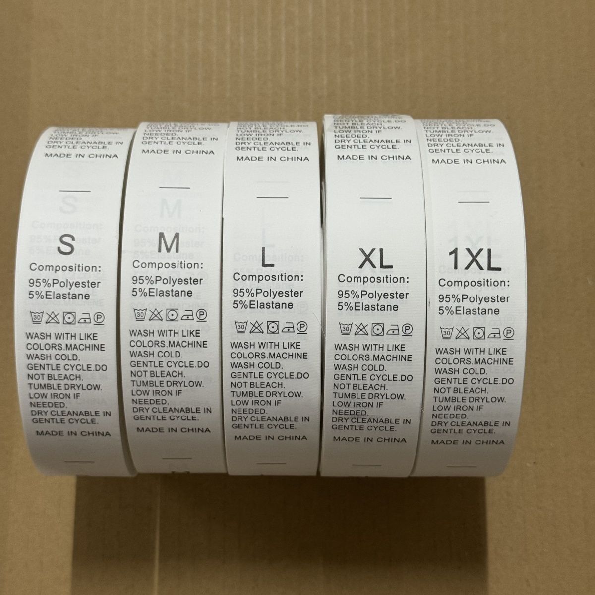 现货95%polyester5%elastane涤纶国际氨纶成份洗水标英文尺码洗唛