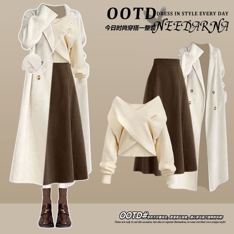 新款2025秋冬套装女法式舒芙蕾大衣交叉设计毛衣搭配半身裙三件套