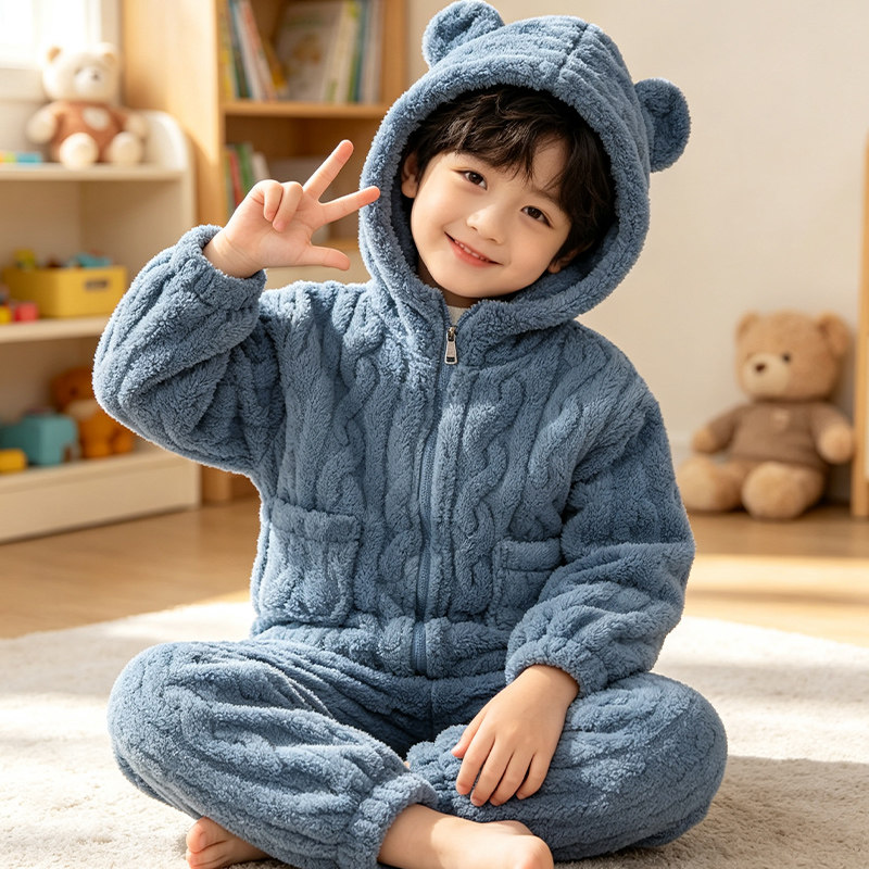 儿童法兰绒秋冬加厚加绒珊瑚绒男童女童中小童双面小孩子戴帽套装