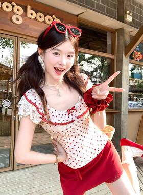 红茶布蕾 法式气质波点U领蕾丝上衣+短裙套装夏季淑女两件套