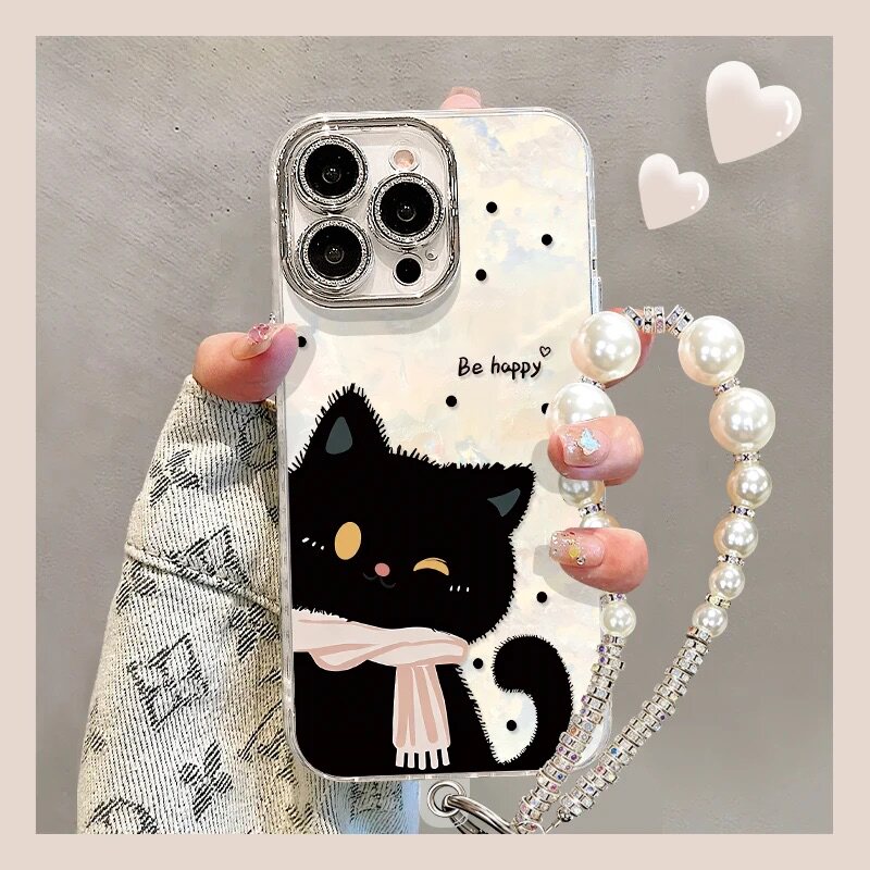 小黑猫可爱手链贝壳纹新款手机壳