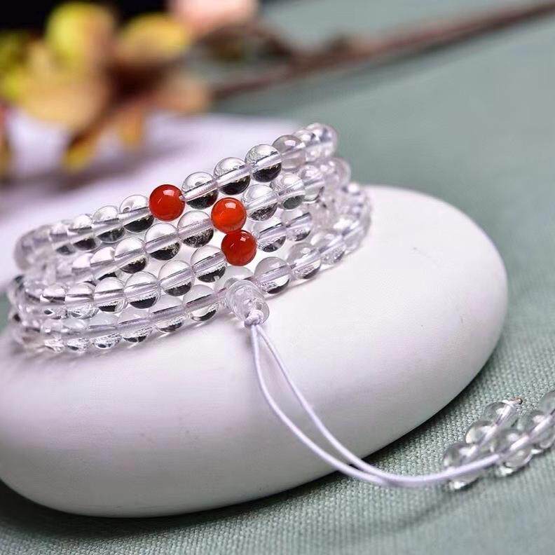 天然白水晶108颗佛珠3圈手链女红玛瑙手串透明散珠手持多圈项链男