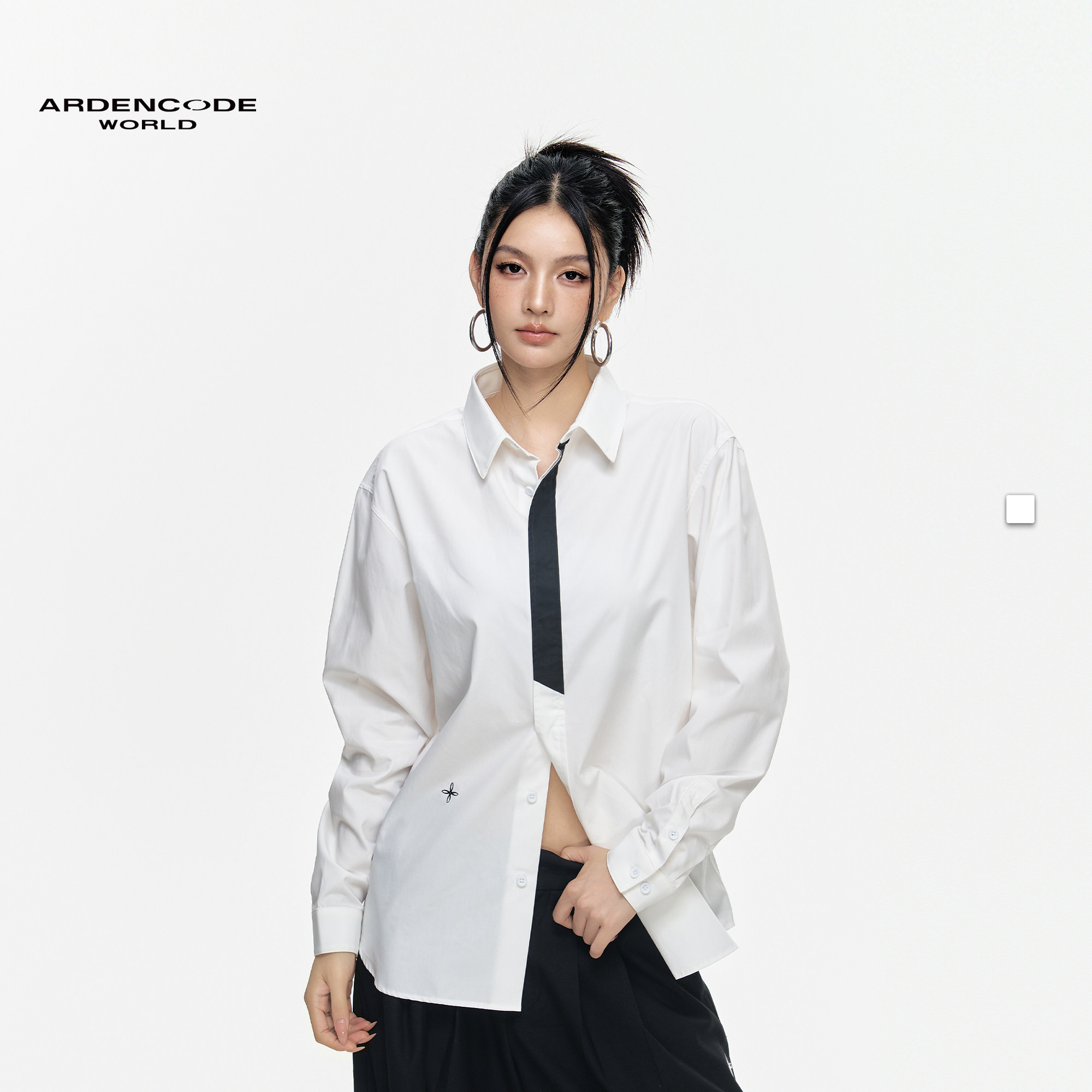 ARDENCODEWORLD男女 符号基础款刺绣拼接 黑色假领带宽松长袖衬衫