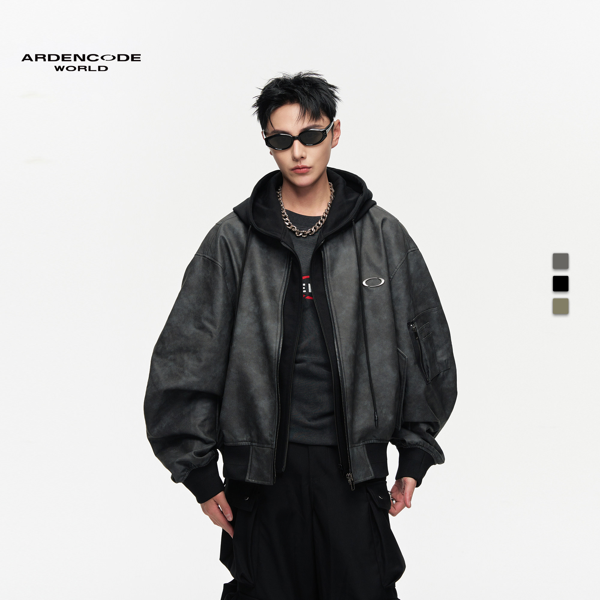 ARDENCODE男女  无限连帽MA1超大宽松棒球飞行员重磅PU皮夹克外套