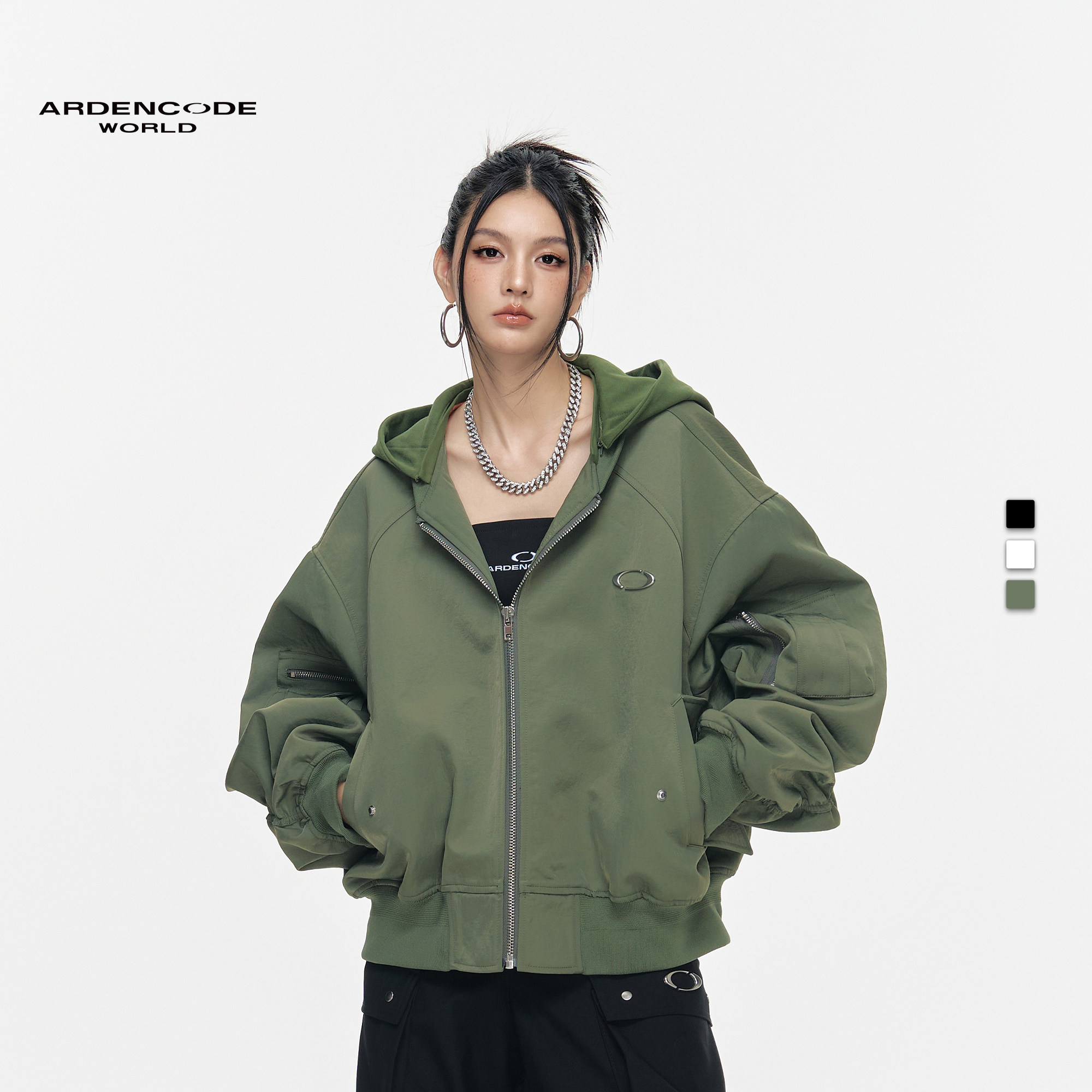 ARDENCODE男女连帽MA1褶皱尼龙超大宽松可拆卸棒球飞行员夹克外套
