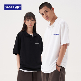 翻领休闲半袖 WASSUP官方男士 重磅情侣款 POLO衫 女黑色白色 夏季
