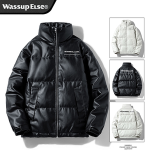 WASSUP ELSE官方PU皮羽绒服男士加厚秋冬宽松皮夹克外套男旗舰店