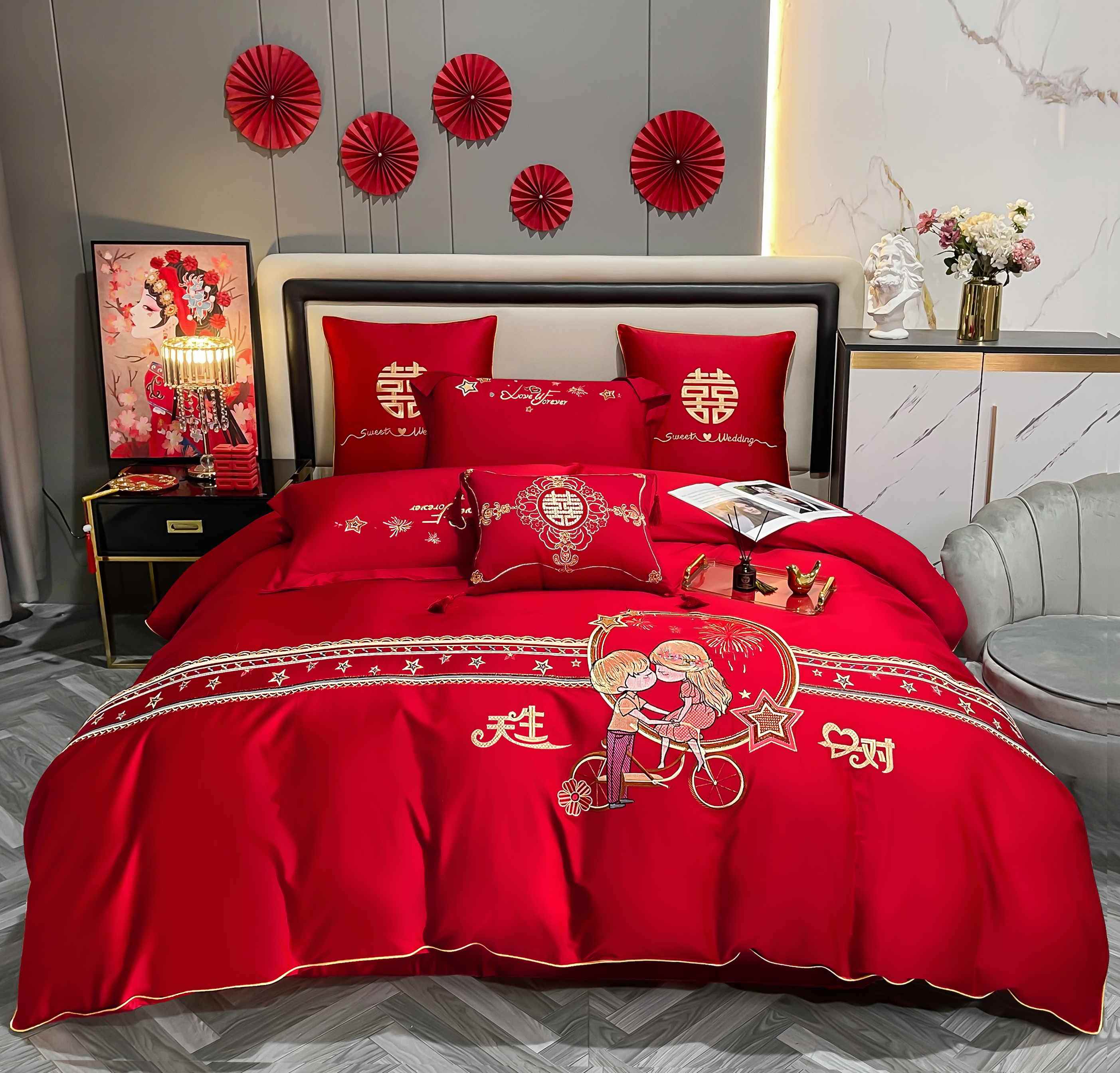 EMBROIDERED COTTON WEDDING QUILT FOUR-PIECE SET OF 60 LONG-STAPLE COTTON CHINESE WEDDING RED DOUBLE HAPPINESS QUILT SET AND FULL SET OF BED SHEETS