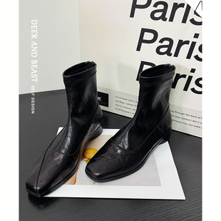 小羊皮~巨好看短靴女秋冬~2025新款方头马丁靴小个子法式瘦瘦靴女