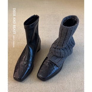 小羊皮~巨好看短靴女秋冬2025新款方头马丁靴小个子法式瘦瘦靴女