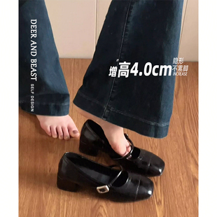 女圆头小单鞋 粗跟黑色2025浅口玛丽珍鞋 ～厚底增高真皮法式 牛皮版