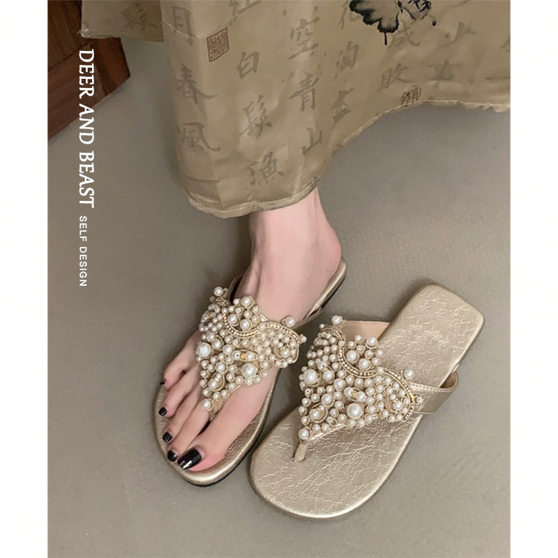 羊皮版~绝美珍珠夹趾平底凉拖鞋女外穿波西米亚度假风沙滩人字拖,女鞋,人字拖,淘宝优惠券,粉丝福利购,淘宝优惠卷