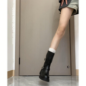 羊皮版 英伦风皮带扣中筒靴子女新款 马丁靴女粗跟厚底西部骑士靴