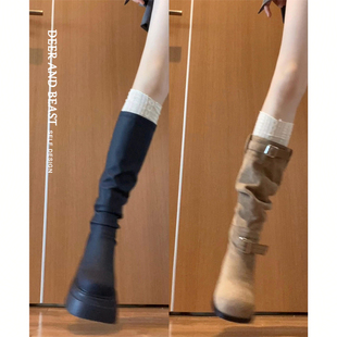 骑士靴蕾丝袜胎牛皮小个子长筒靴2025早秋弹力靴女长靴子女款春夏