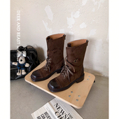 长靴女复古擦色骑士靴皮带扣系带高筒马丁靴2025新款 今年流行爆款