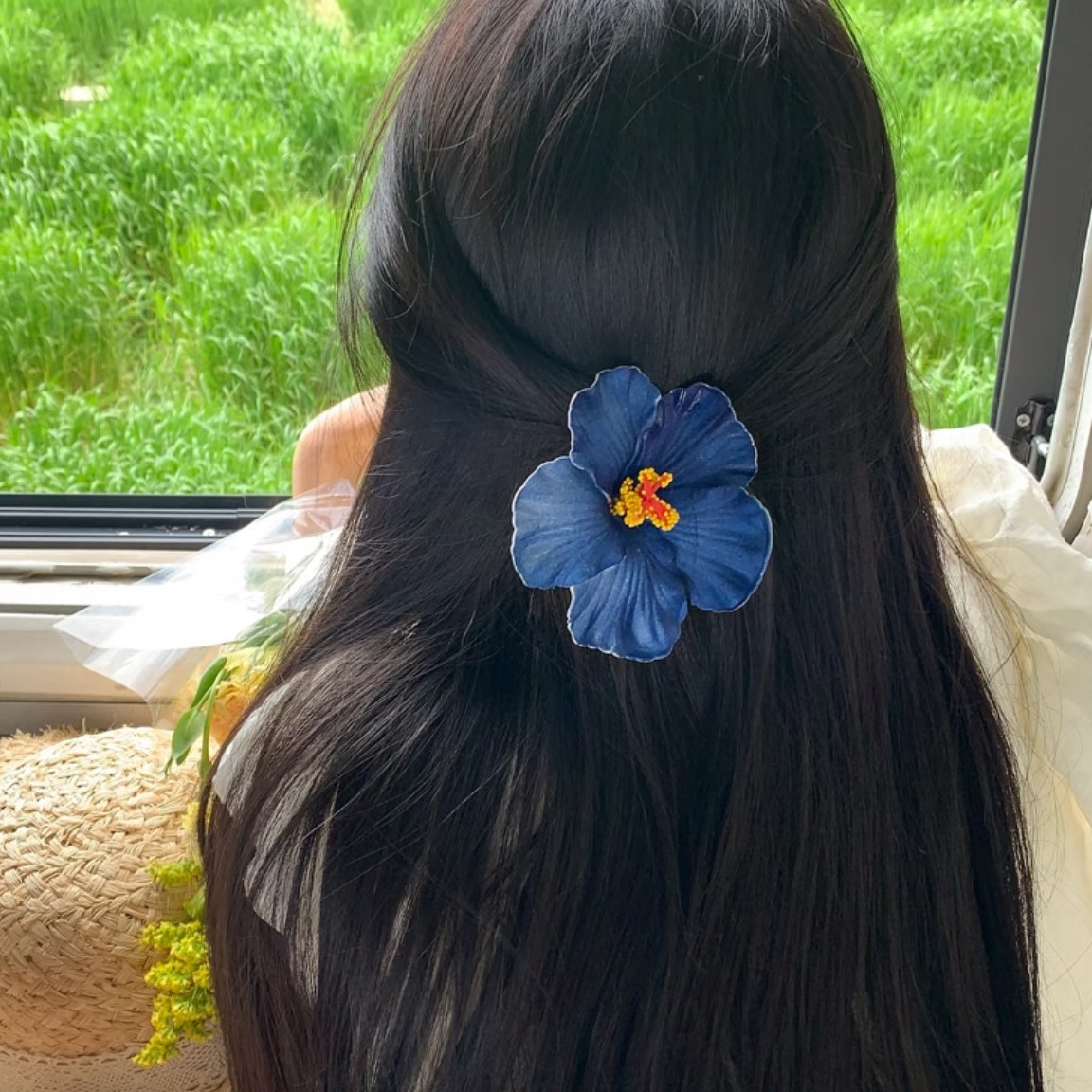 出片海边仿真花朵ins风包出片扶桑花发夹小红书同款鸡蛋花仙女