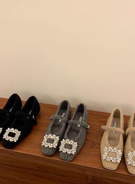 高级感呢子灰色粗跟加绒单鞋女鞋子2025秋冬季气质晚晚通勤奶奶鞋