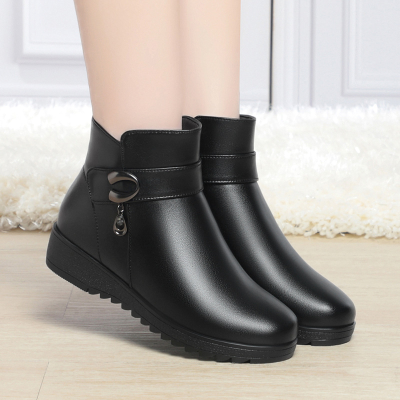 妈妈鞋棉鞋真皮短靴软底粗跟女鞋秋冬加绒平底女靴中老年皮鞋女鞋