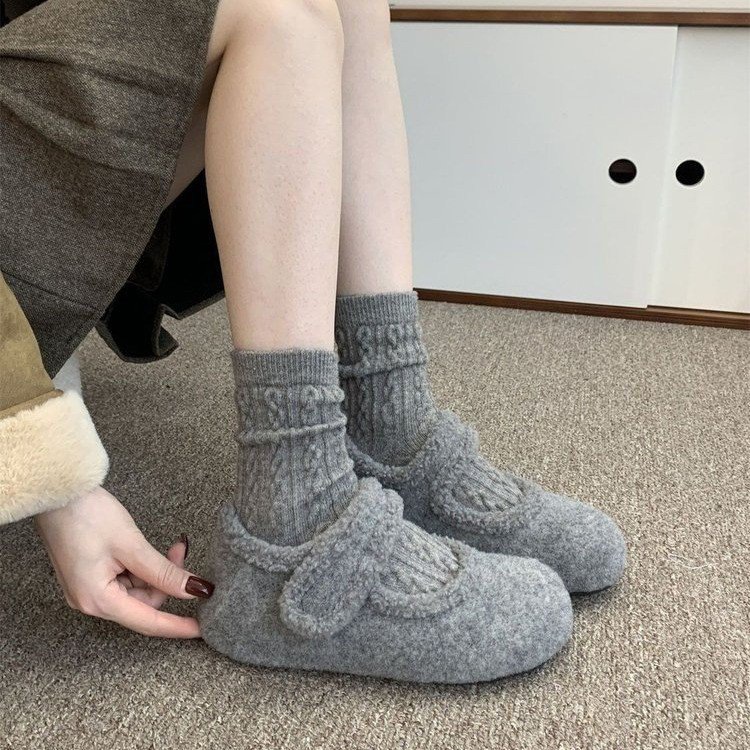 厚底内增高玛丽珍毛毛鞋女2025秋冬新款加绒魔术贴单鞋保暖棉鞋子