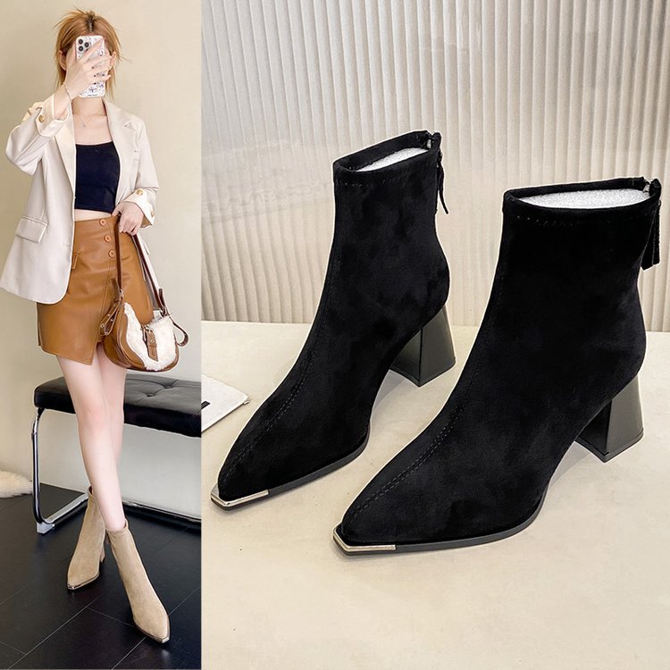 金属头拉链短靴女粗跟高跟鞋2025早秋冬新款尖头绒面瘦瘦靴女拉链