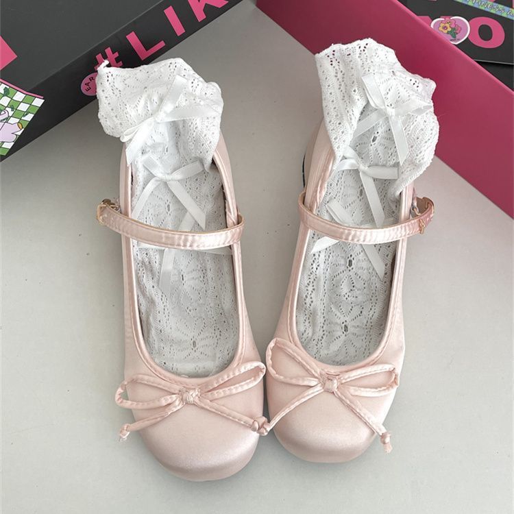丝绸绑带蝴蝶结玛丽珍女鞋2024新款芭蕾舞单鞋粗跟复古粉色高跟鞋