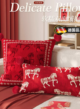 德国马年喜庆沙发抱枕轻奢过年客厅卧室靠枕红色结婚婚庆含芯枕套